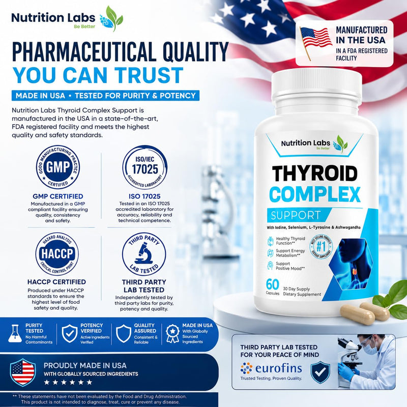 Thyroid Support Supplement for Women & Men | Iodine, Selenium, L-Tyrosine, Ashwagandha & Vitamin B12 | Daily Metabolism & Energy Support | Non-GMO | 60 Capsules | Nutrition Labs