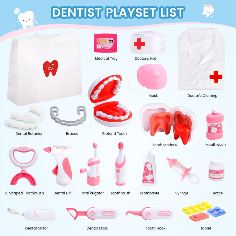 Dentist Play Set for Kids Ages 3-8, 26PCS Realistic Pretend Dental Toy Kit with Teeth Cleaning Tools, Doctor Costume & Learning Guide. STEM Educational Toys, Toddler Medical Kit for Boys & Girls Gifts Dentist Kit - BeesActive Australia