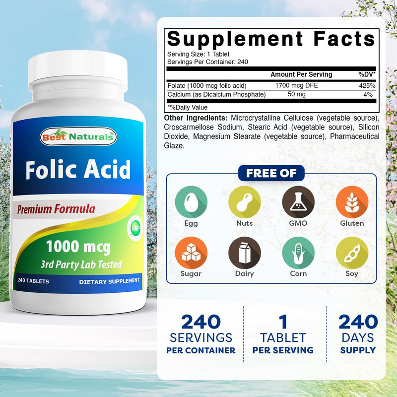 Best Naturals Folic Acid 1000 mcg (Vitamin B9), 240 Tablets (1000 mcg (Pack of 2)) 1000 mcg (Pack of 2)