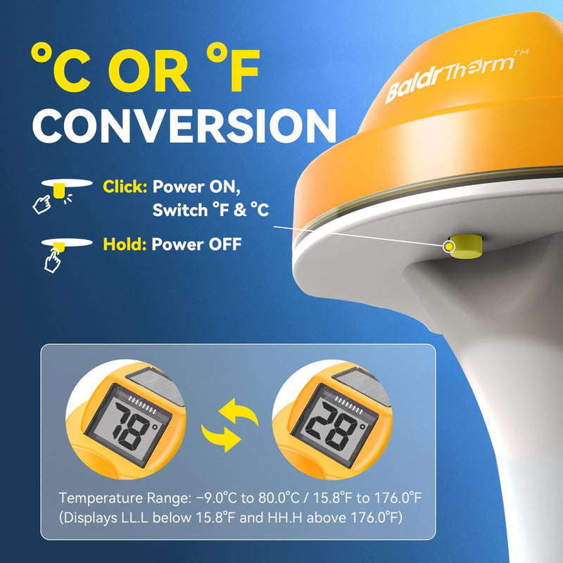 BaldrTherm Floating Pool Thermometer, Swimming Pool Thermometer Digital Solar, High Accurate, Anti-Fog Dual-Sided Display Screen for Babybath, Spas & Aquariums (Yellow) Yellow - BeesActive Australia