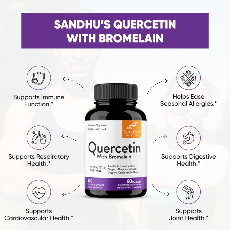 Sandhu's Quercetin with Bromelain 1000mg Per Serving 120 Count Vegetarian Capsules Bioflavonoids Supplement Complex Supports Immune, Cardiovascular & Respiratory Health| Made in USA Quercetin with Bromelain 120 Count - BeesActive Australia