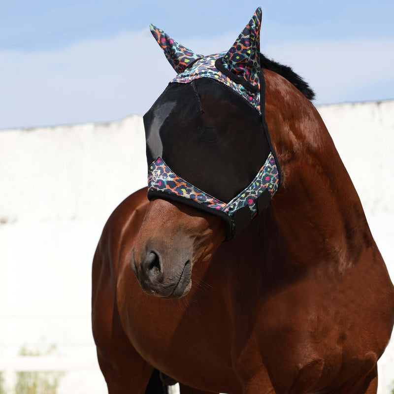 Harrison Howard Pro LumiVista Horse Half Face Fly Mask Large Eye Space with Ears UV Protection for Horse Iridescent Prints M Medium - BeesActive Australia