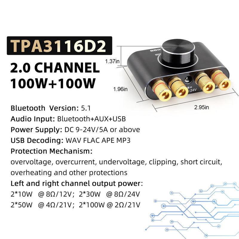 X100H Audio Amplifier 2.0 Channel 100W+100W TPA3116D2 Power Amplifier,Supports Bluetooth5.1/USB/3.5mm AUX Input