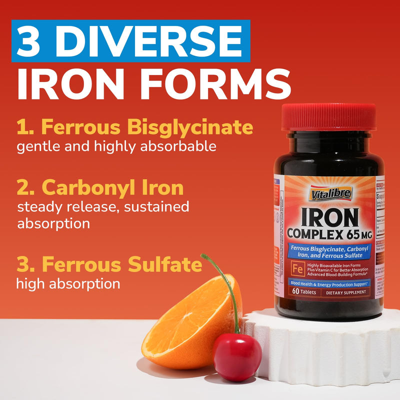 Iron Supplement, 65mg Complex Ferrous Bisglycinate, Sulfate, Carbonyl Iron | with Natural Vitamin C, Stomach Friendly Iron Pills for Blood Building, High Absorption, Non GMO, 60 Vegan Tabs