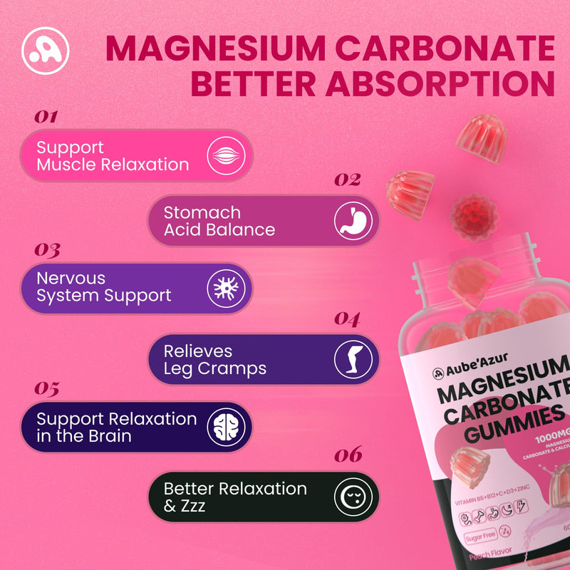 Magnesium Carbonate Gummies 500mg, Muscle & Digestive, Women & Men, 60 Ct | With Calcium, Vitamin C, B6, B12, D3, Zinc. Sugar Free, Peach Flavor. Vegan, Non-GMO, Gluten-Free