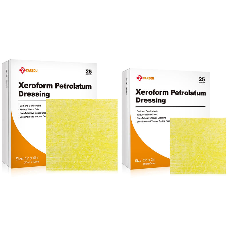 Carbou Medical Xeroform Petrolatum Dressing (4"x4" 25 Pack + 2"x2" 25 Pack)， Non-Adherent Gauze Pads, Soft Fine Mesh Gauze Patch for Wound Care, Burns, Lacerations, Skin Grafts & Surgical Incisions