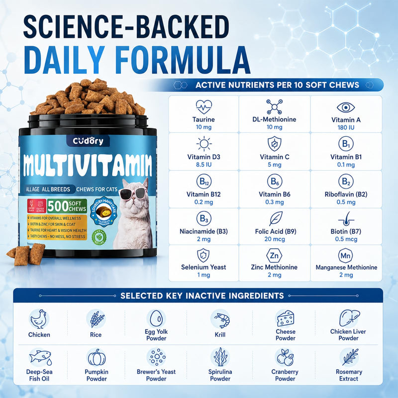 Taurine for Cats Vitamins Treats Snacks –15 in 1 Cat Multivitamin 500 Chews – Supports Immune, Joints, Digestion, Skin & Coat – Daily Healthy Supplement for Cats of All Ages (90-Day Supply)
