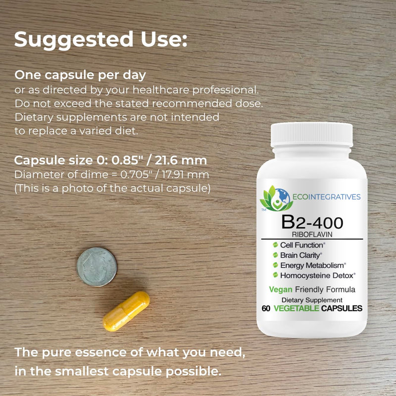 B2-400 Pure Riboflavin 400mg Supplement, 60 Veggie Capsules | for Nervous System Health, Cell Function*, Brain Clarity*, and Energy Metabolism*, Non-GMO Formula, Gluten Free, Dairy Free 60 Count (Pack of 1)
