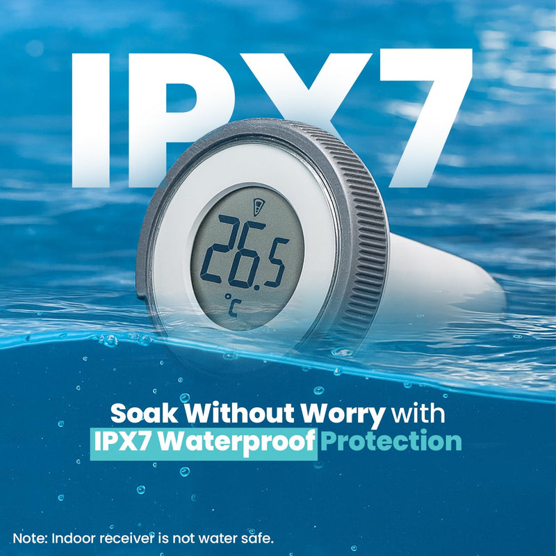 Pure55 SpaGauge Wireless Hot Tub Thermometer w/Batteries - IPX7 Waterproof Pool Thermometer - Floating, Easy-Read Digital Temperature Gauge w/Indoor Display - Ideal for Outdoor Ponds, Swimming Pools White Spa