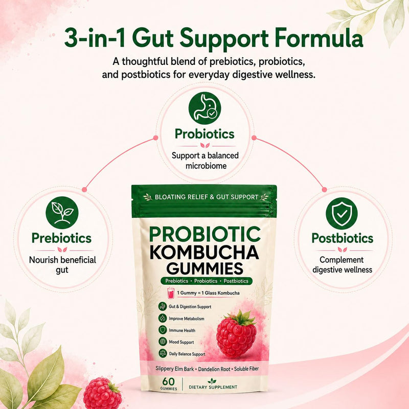 Jevawell Kombucha Gummies, Prebiotic Probiotic Postbiotic Formula, Digestive & Gut Health Support, Microbiome Balance & Digestive Comfort, Vegan, Non-GMO, 60 Gummies (1 Peak) 1 Peak