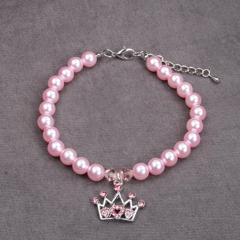 Dog Cat Pearls Necklace Collar with Rhinestones Crown Charm Pendant Pet Puppy Jewelry (L, Pink) L - BeesActive Australia