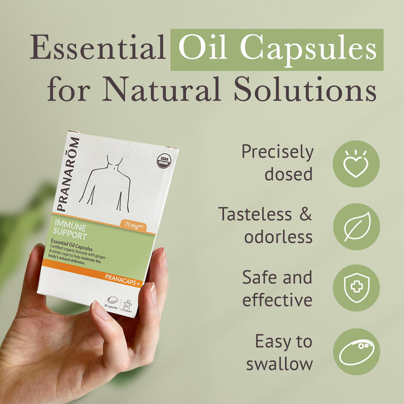 Pranarom Immune Support Pranacaps | Ginger and winter savory essential oil capsules to help maintain the body's natural defenses. Certified organic ingredients.