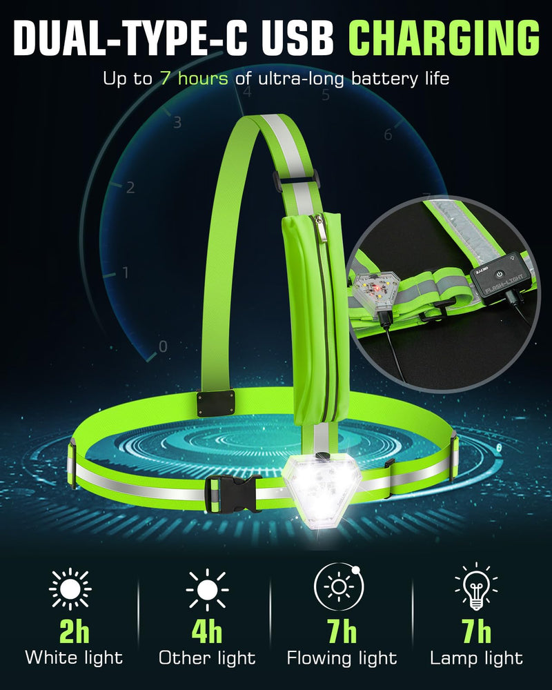 Zacro Reflective Running Vest with 9 RGB Modes, 500LM High Visibility Chest Light for Runners, Rechargeable Light Up Running Gear for Night Safety Cycling Hiking Dog Walking Adjustable for Men Women with Phone Bag - BeesActive Australia