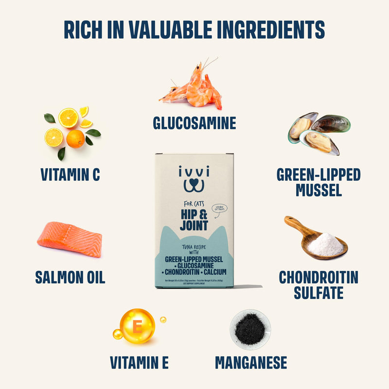 ivvi Hip & Joint for Cats – Functional Cream with Glucosamine, Chondroitin, Green-Lipped Mussel & Salmon Oil – Mobility Support – 30 x 0.53 oz Sachets – with Real Tuna
