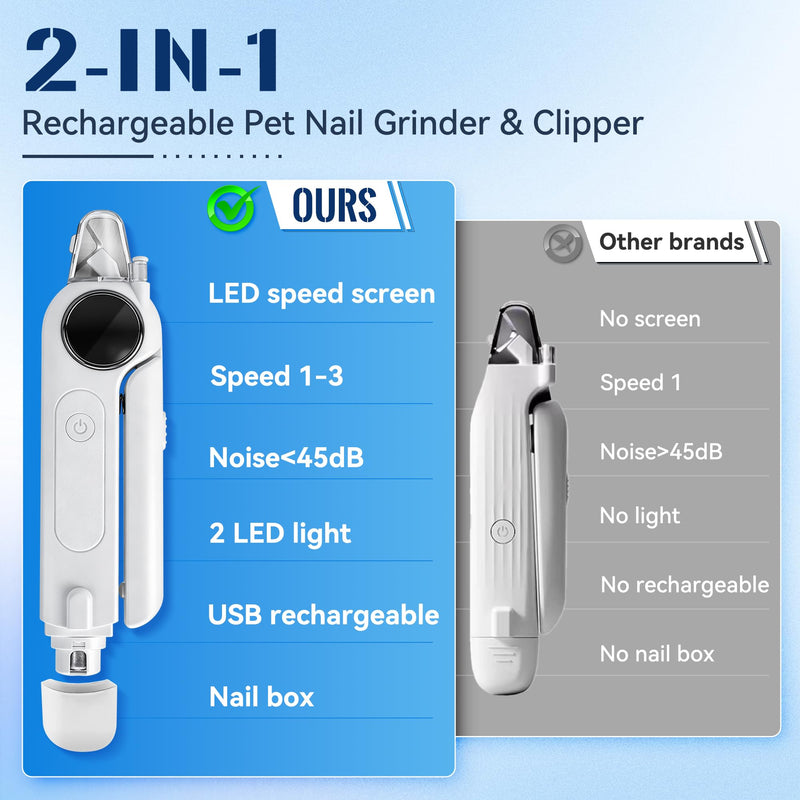 2-in-1 Dog Nail Clippers & Grinder with Light, Quiet Electric Pet Nail Trimmer for Large Medium Small Dogs & Cats, 3 Speeds, Rechargeable, Splash Guard & Safety Lock, Painless Grooming Tool (White) - BeesActive Australia