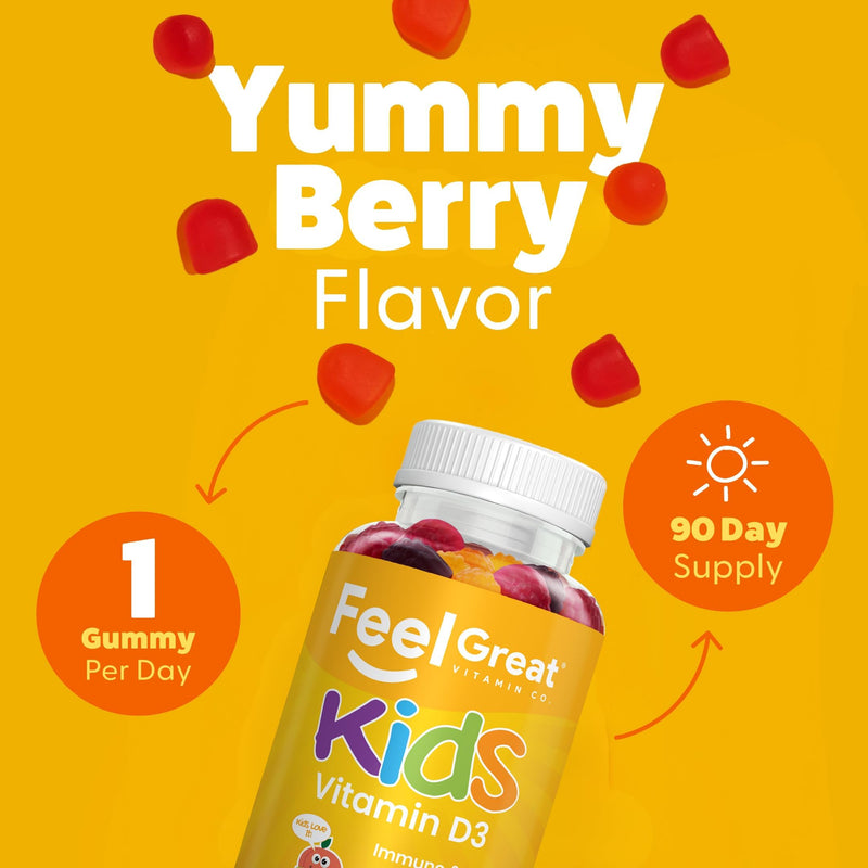 Feel Great Kids Vitamin D3 1000 IU Gummies, Bone & Immune Support, 90ct | Vitamin D3 for Immune & Bone Support, Citrus Flavor, Vegetarian Gummy, Year-Round Sunshine Nutrient Kids Vitamin D 90