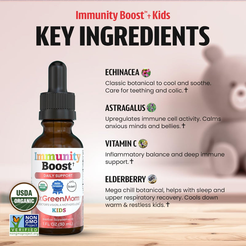 Immunity Boost Kids — Echinacea Elderberry Astragalus & VIT C | Child & Baby Immune Support Drops — Liquid Drops with Vitamin C — Natural Raspberry Flavor — 30 Servings, Organic, 1 Fl Oz 1.0 Fluid Ounces