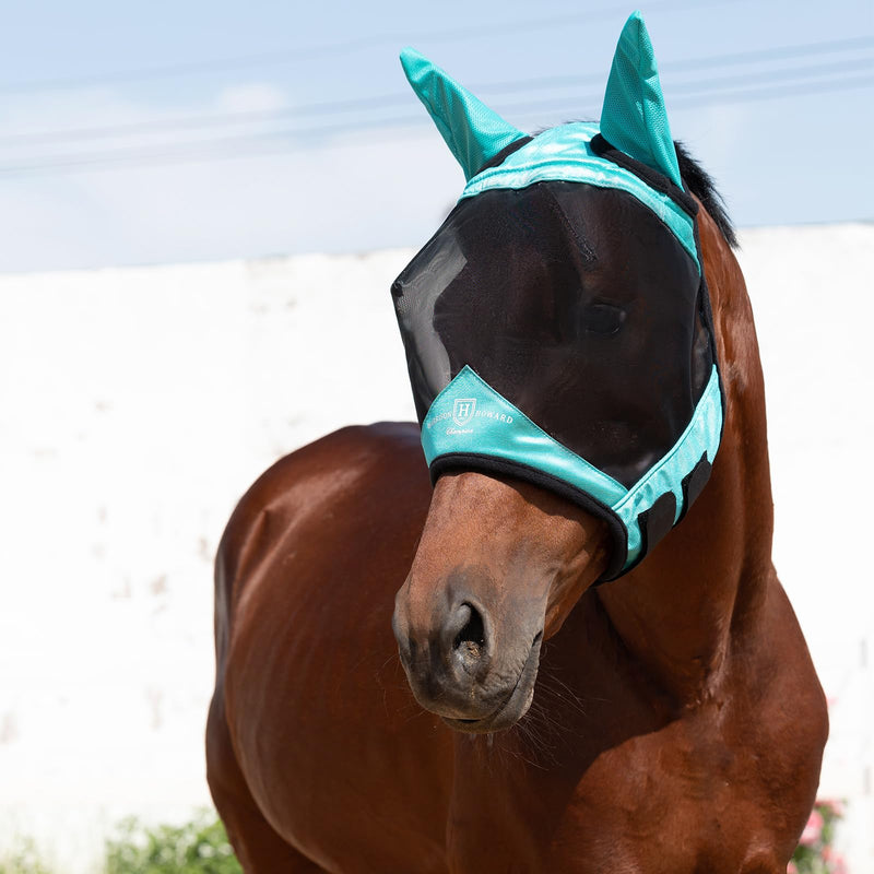 Harrison Howard Pro Luminous Horse Half Face Fly Mask Large Eye Space with Ears UV Protection for Horse Teal L - BeesActive Australia