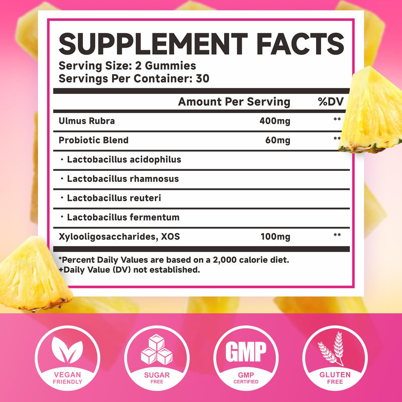 MEENCCD Her Juicy Feminine Probiotics Gummies with Slippery Elm & Lactobacillus Blend, Supports pH Balance & Immune Function, Promotes Vaginal Wellness, Pineapple Flavor, 60 Count