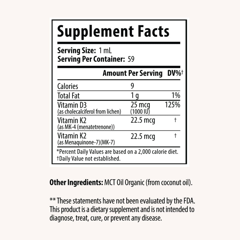 Drop Vitamin D3 + K2 Liquid Drops, 1000 IU Vegan D3 from Lichen, 45 mcg K2 (MK-4 and MK-7), with Organic MCT Coconut Oil, Bone and Immune Support, Non-GMO and Vegan, 59 Servings, 2 fl oz