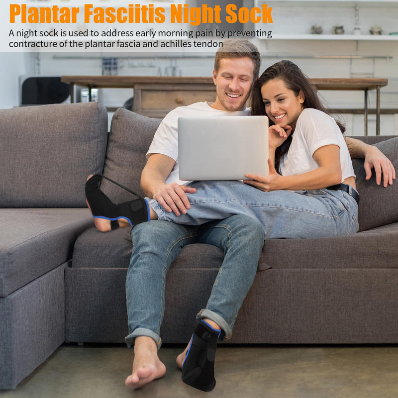 Plantar Fasciitis Night Splint Sock with Hand-Held Massage Tool Upgraded Soft Plantar Fasciitis Brace for Women Men for Achilles Tendonitis Foot Drop Heel Spur Pain Relief Black-Blue (Large) Large Black Blue - BeesActive Australia