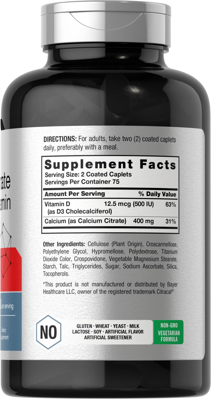 Horbaach Calcium Citrate 400mg with Vitamin D3 | 150 Petite Coated Caplets | For Men and Women | Vegetarian, Non-GMO & Gluten Free Supplement