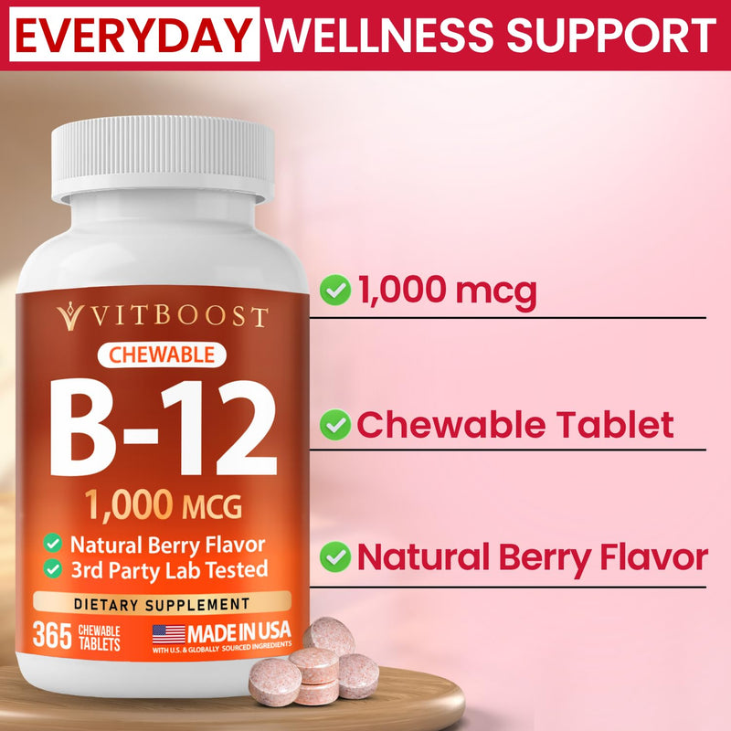VITBOOST Vitamin B12 1000 mcg Chewable Tablets Natural Berry Flavor, 365 CT | B-12 Vitamin for Energy & Nervous System Support - Non-GMO Tablets, Third Party Tested - Made in USA