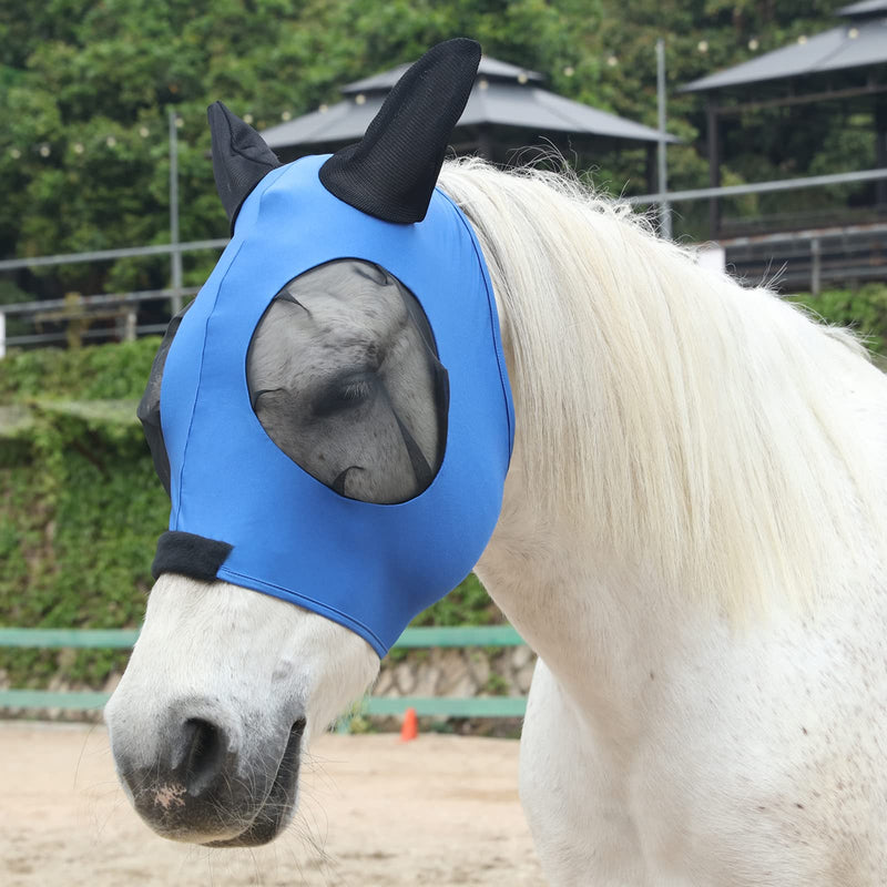 Horse Fly Mask, Fly Masks for Horses with Ears, Super Comfort & Stretchy Fitting Lycra Equine Fly Mask Blue Full Blue(B) - BeesActive Australia