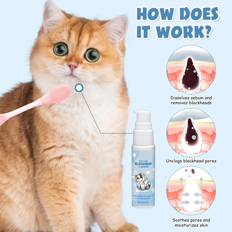 Cat Chin Acne Care Kit, Chin Cleaner with Silicone Cat Brush, Gently Cleansing Blackheads Exfoliation Keeps Cats Chins Clean