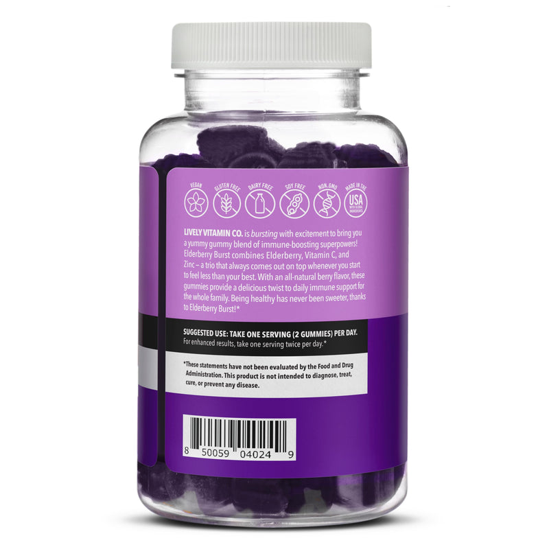 LIVELY VITAMIN CO. Elderberry Burst Gummies for Kids & Adults - Boosts Immune Health - Helps Avoid Colds & Illness - Black Elderberry, Vitamin C & Zinc - 3 Grams of Sugar - No Gelatin - 60 Gummies 60 Count (Pack of 1)