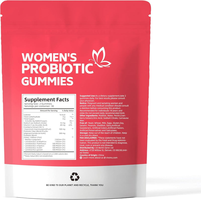 VivoNu Probiotics for Women, Women Probiotic Gummies, 500 Million CFUs | Fiber | Feminine Balance Gummies for Healthy Odour,Digestive Support and Gut Health+Vitamin C for Immune Support - 60 Gummies 60pcs/1bag-cranberry