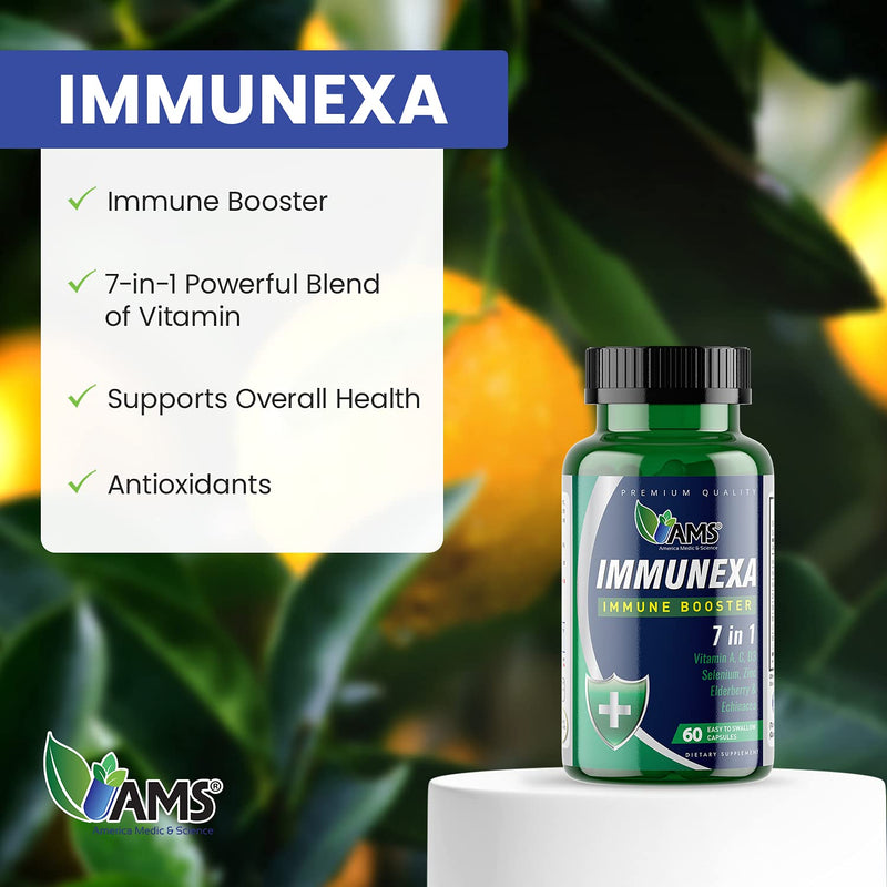 America Medic & Science Immunexa 7 in 1 Immune Support Booster (60 Capsules) with Vitamin A, C, D, Zinc, Echinacea, Elderberry | Adults Immunity Boosting Supplement | Natural, Non-GMO & Gluten-Free 1 Count (Pack of 60)