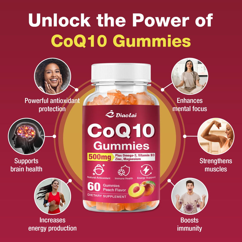 2 Pack CoQ10 Gummies - 500mg per Serving with Omega-3 (EPA & DHA), B3 & Zinc - Supports Immunity & Energy - Delicious Orange Flavor - Non-GMO, Gluten-Free - 120 Count 2pack