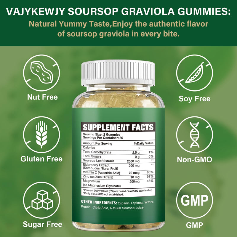 2 Pack Soursop Graviola Gummies - 2000mg Extra Strength Soursop Leaves Extract, Vitamin C, Zinc & Whole Natural Food for Immunity, Vegan, 120 Gummies 2pack