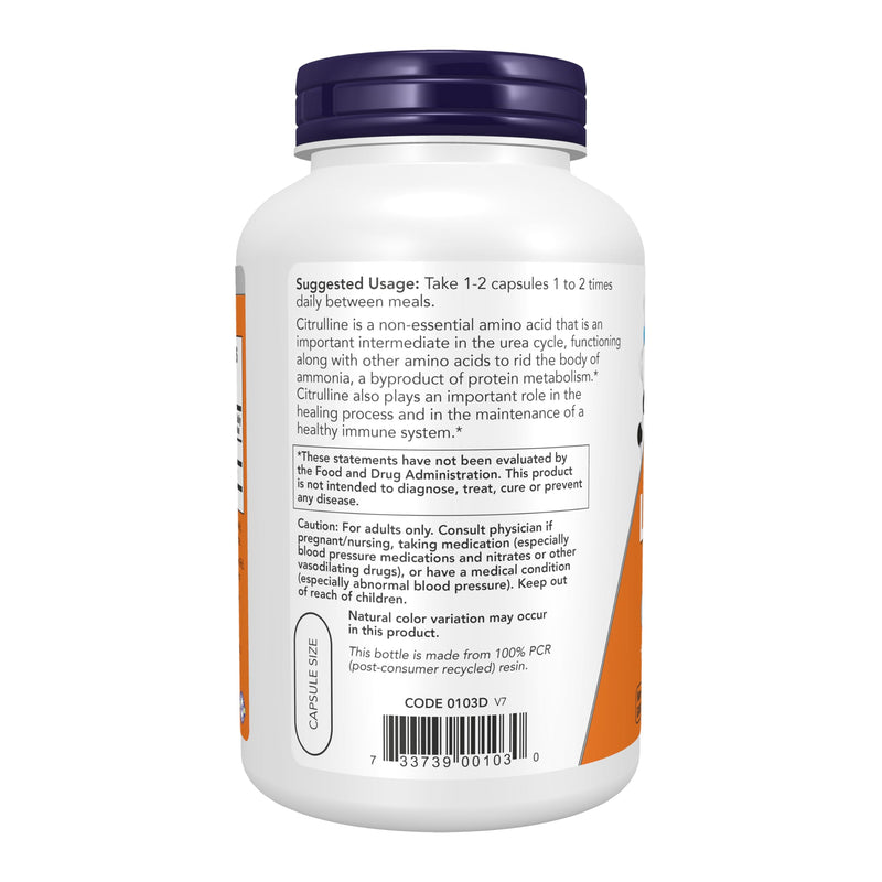 NOW Foods Supplements, L-Citrulline 750 mg, Supports Protein Metabolism*, Amino Acid, 180 Veg Capsules 180 Count (Pack of 1)