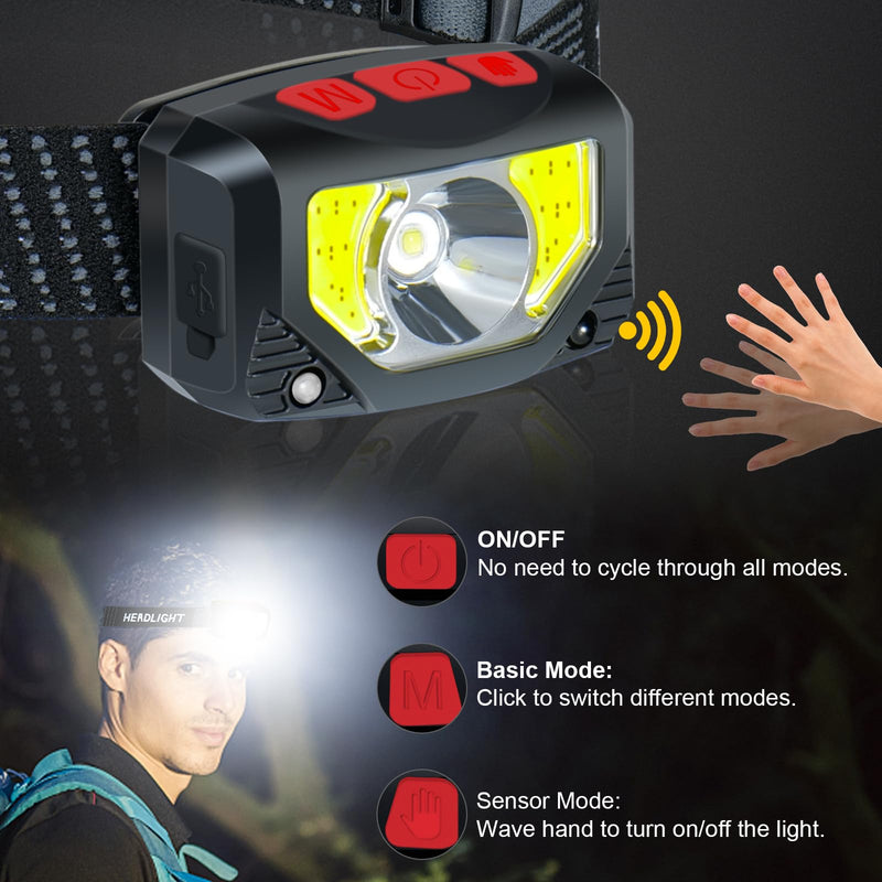 LED Headlamp Rechargeable, 4 Pack Head Lamp Flashlight Headlight Light with Motion Sensor for Outdoor Camping Biking Running Fishing