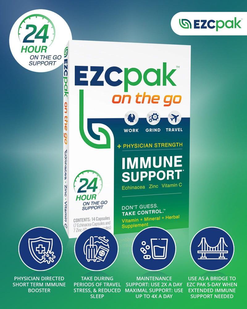 EZC Pak On The Go Immune System Booster with Echinacea, Vitamin C, Zinc | Immune Support Supplement, Travel-Friendly Packaging, Physician Formulated, Vegetarian, Gluten-Free 1 Count (Pack of 1)