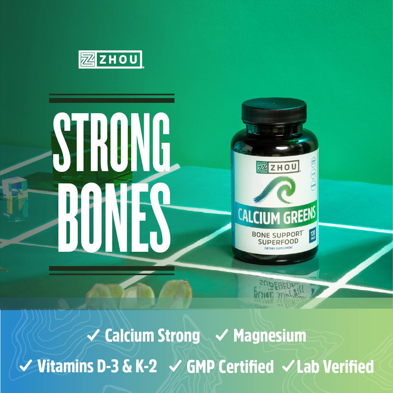 Zhou Calcium Greens - Calcium Supplements for Women & Men - 120 Tablets | Bone Strength Support Supplement with Vitamin D3, Bone Support with Algae & Vitamin K2 & D, Plant Based