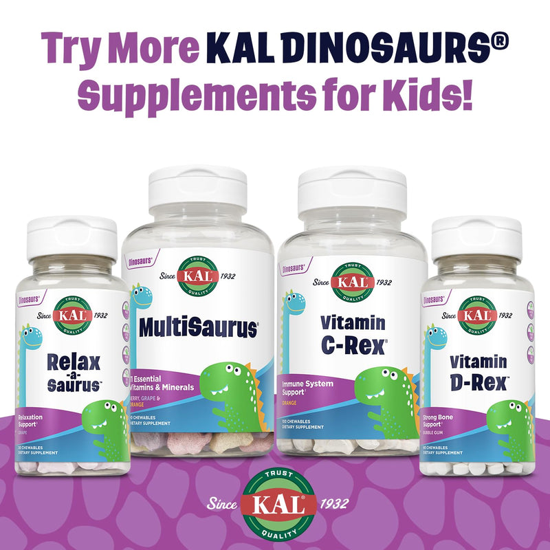 KAL MultiSaurus Kids Chewable Multivitamins, 11 Essential Vitamins and Minerals for Kids, Berry, Grape, Orange Chewables, Gluten and Fructose Free, 90 Servings, 90 Dinosaur-Shaped Chewables | Mixed Berry Dinosaur Chewables, Daily Multivitamin for Child...