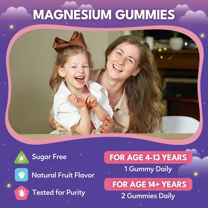 2PCS Magnesium Calming Gummies for Kids 4+ & Adults, Sugar Free Magnesium Supplement with L-Theanine, Chamomile, Vitamins B6, D3, K2, Zinc for Sleep, Relaxation, Focus & Muscle Support Strawberry 60 Count (Pack of 2)