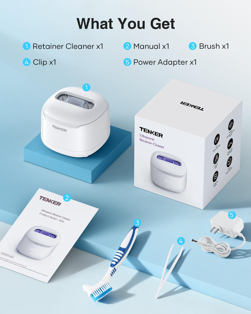 Ultrasonic Retainer Cleaner Machine, 49kHz Dental Cleaning Pod for Night Guards, Mouth Guards, Aligner, Braces, Toothbrush, Jewelry, Dentures, Ultrasonic Cleaner for Oral Dental Care, 220ML, White A-White - BeesActive Australia