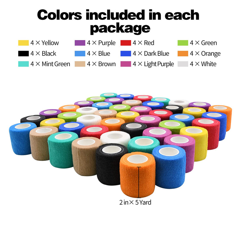 12pcs 2in Self Adhesive Bandage Wraps, 5 Yards, Vet Wraps for Sports, Wrist, Ankle, Swelling 48 Pack Multicolor 2 Inch - BeesActive Australia