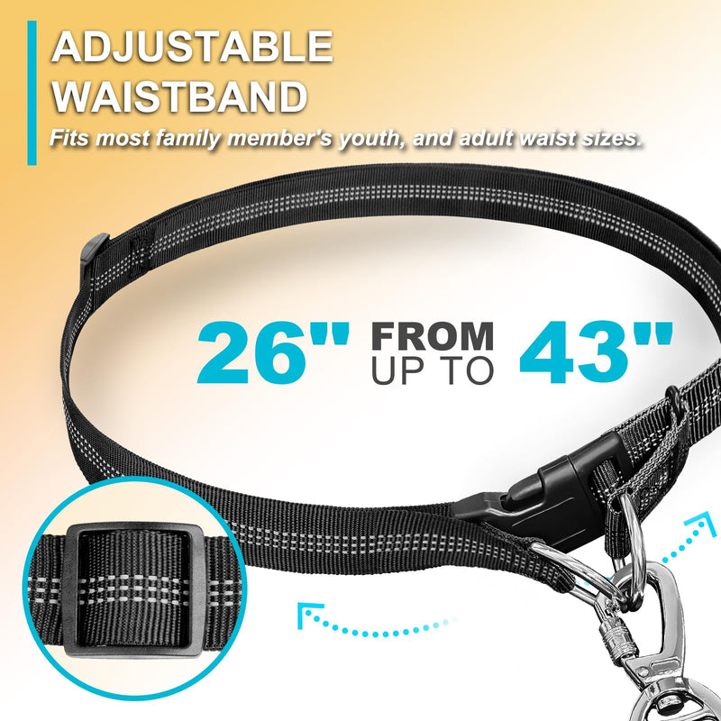 Laqibak Hands Free Dog Leash, Adjustable Waist Leash for Dog, Handle Bungee 4.2-6.7 Feet Long with Reflective Stitches for Walking Hiking Running, Fits 26"- 43" Waist, Black & Blue Black+Blue