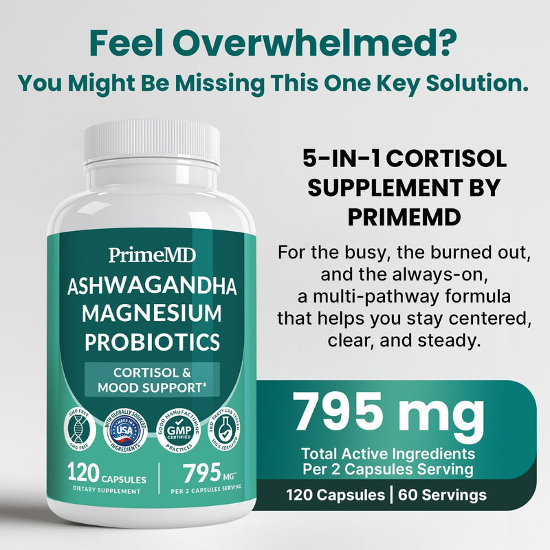 5-in-1 Cortisol Supplement for Women and Men with Ashwagandha for Calmness, Focus, and Adrenal Support Supplements with Shilajit Extract, Magnesium Glycinate, Probiotics (120 ct) (Pack of 2) | Calmness, Focus and Stress Support, Ashwagandha with Shilaj...