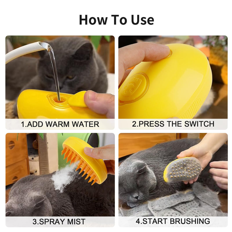 TOOVREN Cat Steam Brush, Self Cleaning Steam Cat Brush for Removing Tangled and Loose Hair, Steamy Cat Brush for Massage, Pet Hair Removal Comb for Cat and Dog（Yellow） yellow - BeesActive Australia