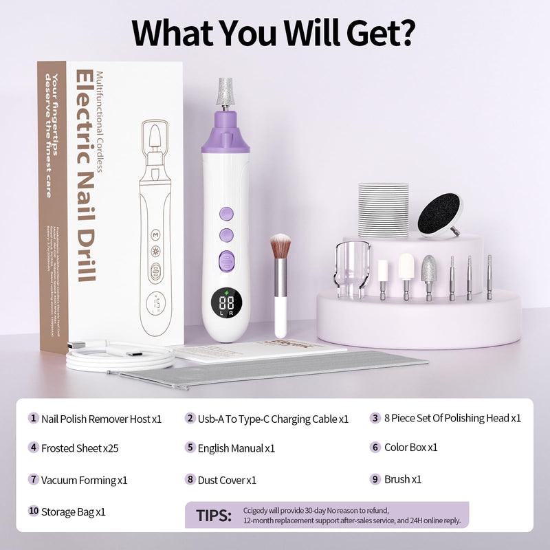 Professional Manicure Pedicure Kit, Cordless Electric Nail File with LCD & Lamp, Rechargeable Toenail Grinder for Thick Toenails, Portable Nail Dremel Tools for Women & Men Baby Pets White Purple - BeesActive Australia