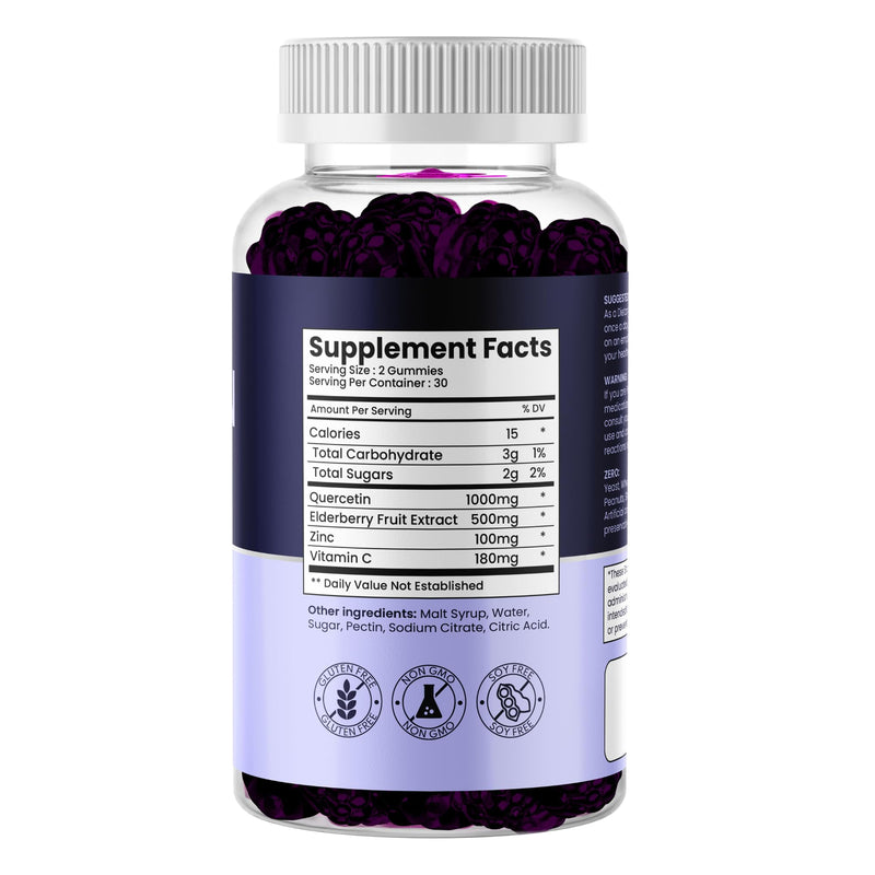 Quercetin Gummies with Elderberry, Zinc & Vitamin C – Immune Support Supplement – Antioxidant & Seasonal Wellness – Vegan, Non-GMO, Natural Berry Flavor – 60 Gummies