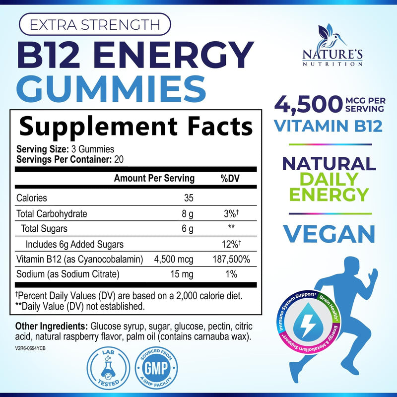 B12 Energy Gummies - 4500 mcg Vitamin B12 Per Serving - Extra Strength Chewable B12 Supplement for Energy, Metabolism & Immune Support - For Women, Men & Kids - Natural & Berry Flavored - 60 Gummies 60 Count (Pack of 1)