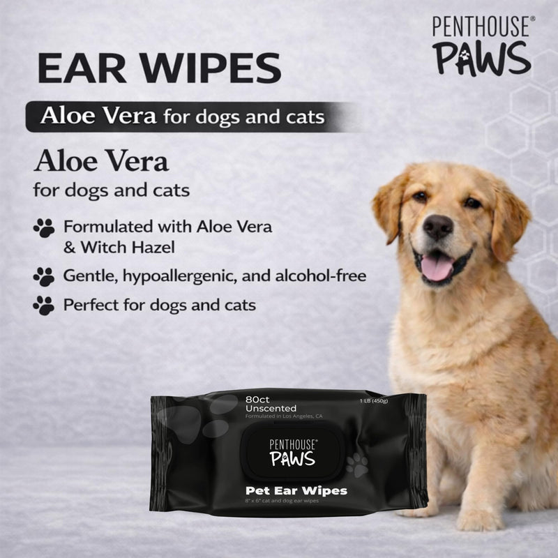 PENTHOUSE PAWS Pet Ear Wipes for Dogs & Cats, Unscented Ear Cleaning Wipes with Aloe Vera & Witch Hazel, Alcohol-Free Extra Large 8”x6” Wipes for Removing Wax, Dirt & Odor, 80 Count