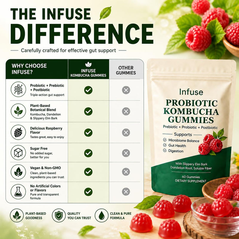 Kombucha Gummies, with Kombucha, Prebiotic & Dandelion Root, Daily Wellness Support, Daily Gut Health & Digestive Comfort Support, Sugar Free, Raspberry Flavor, 60 Gummies 1